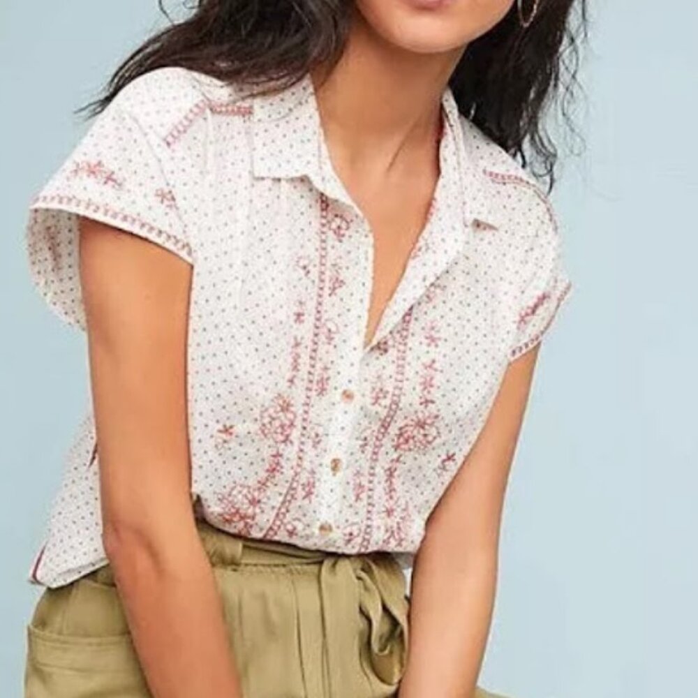 Maeve White Button-Front Short-Sleeve Tunic with Pink Print